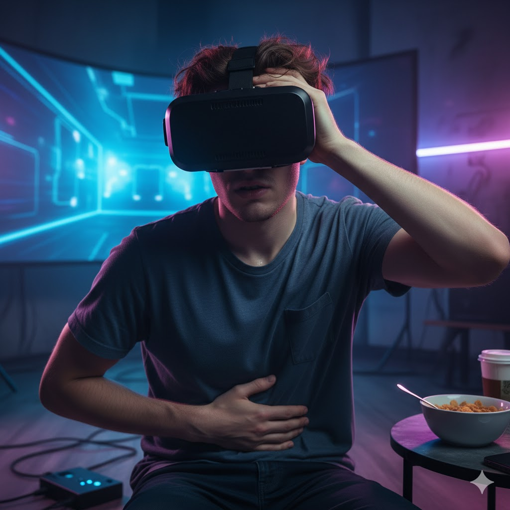 Boy with nausea, using VR glasses - Cybersickness: the link between technology, dizziness, and nausea