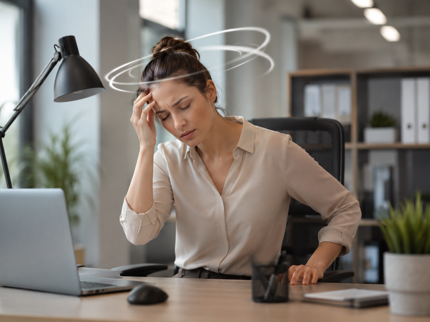 Woman feeling dizzy at her office job
